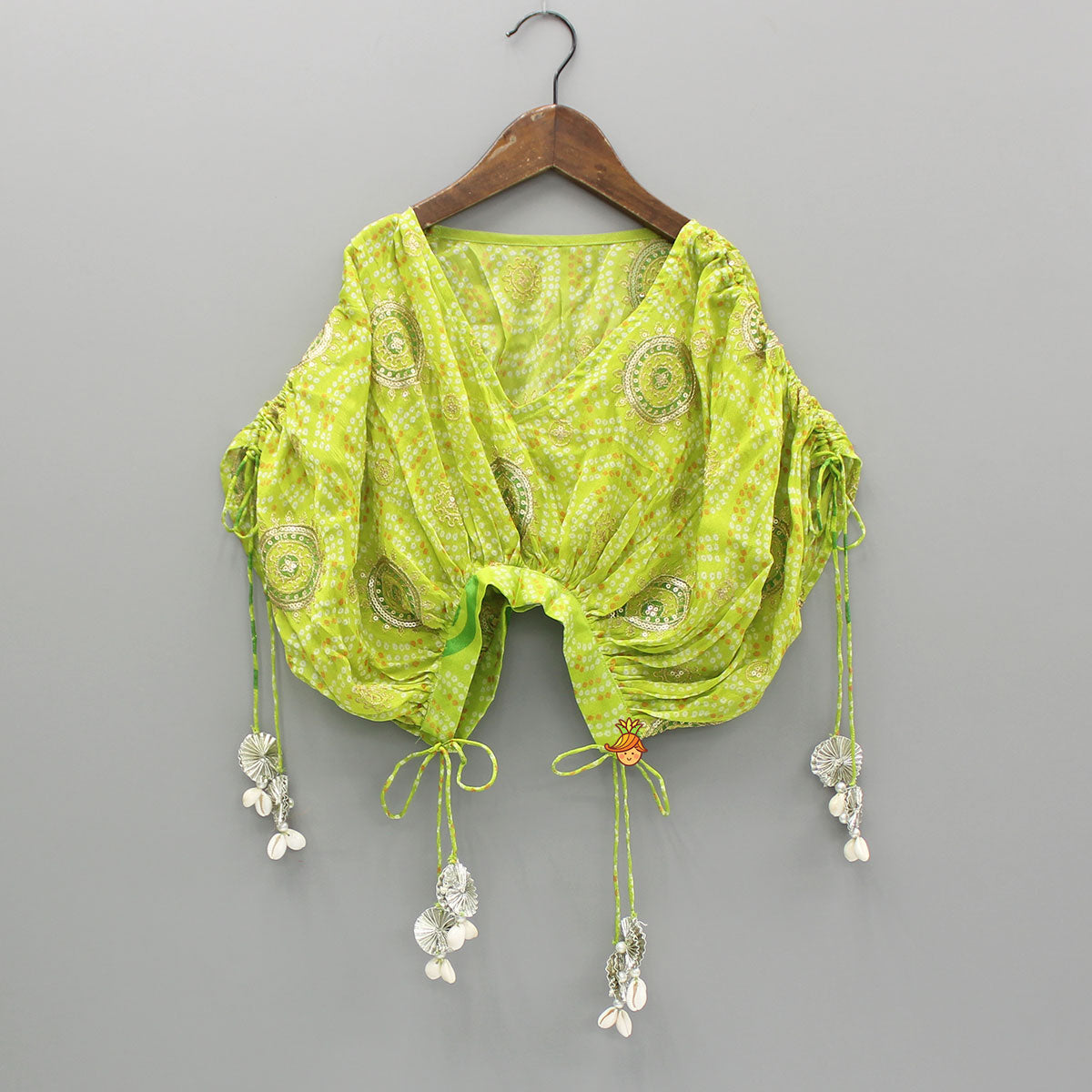 Green Printed Embroidered Stylish Cape With Strappy Crop Top And Palazzo