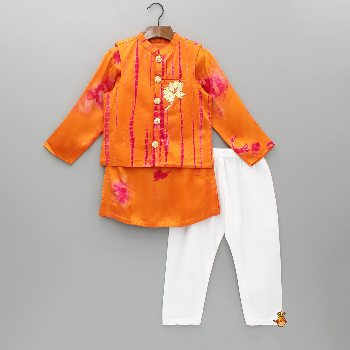 Orange Printed Kurta With Jacket And Pyjama