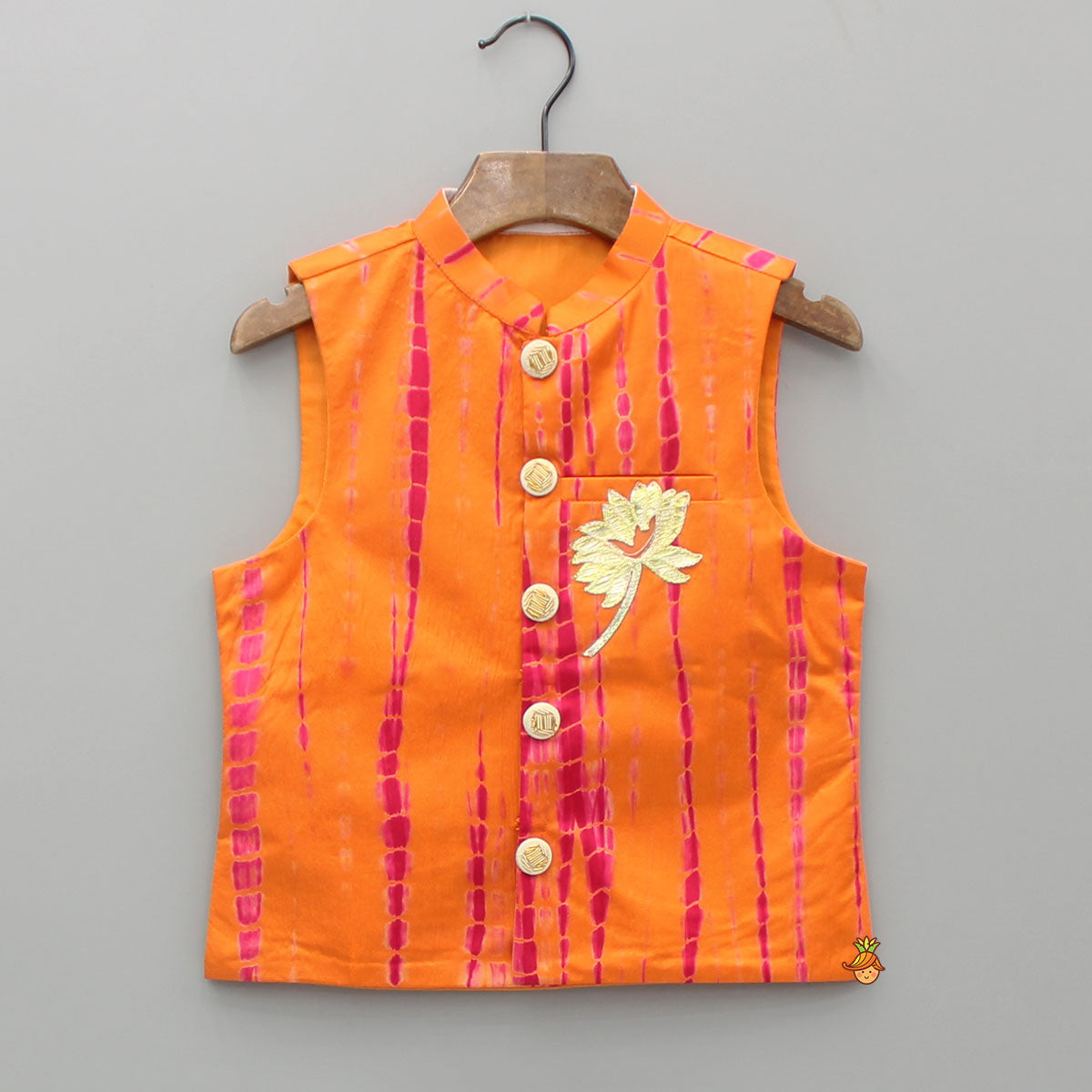 Orange Printed Kurta With Jacket And Pyjama