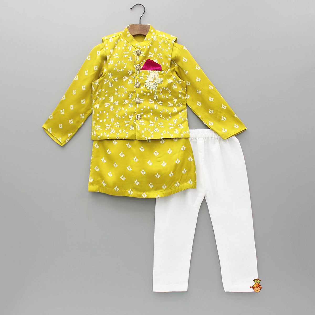 Mustard Printed Kurta With Jacket And Pyjama