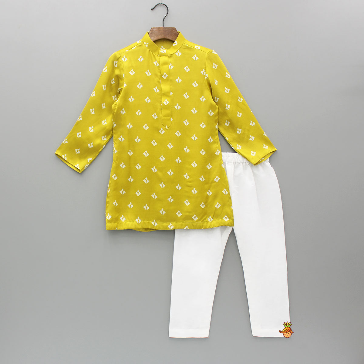 Mustard Printed Kurta With Jacket And Pyjama