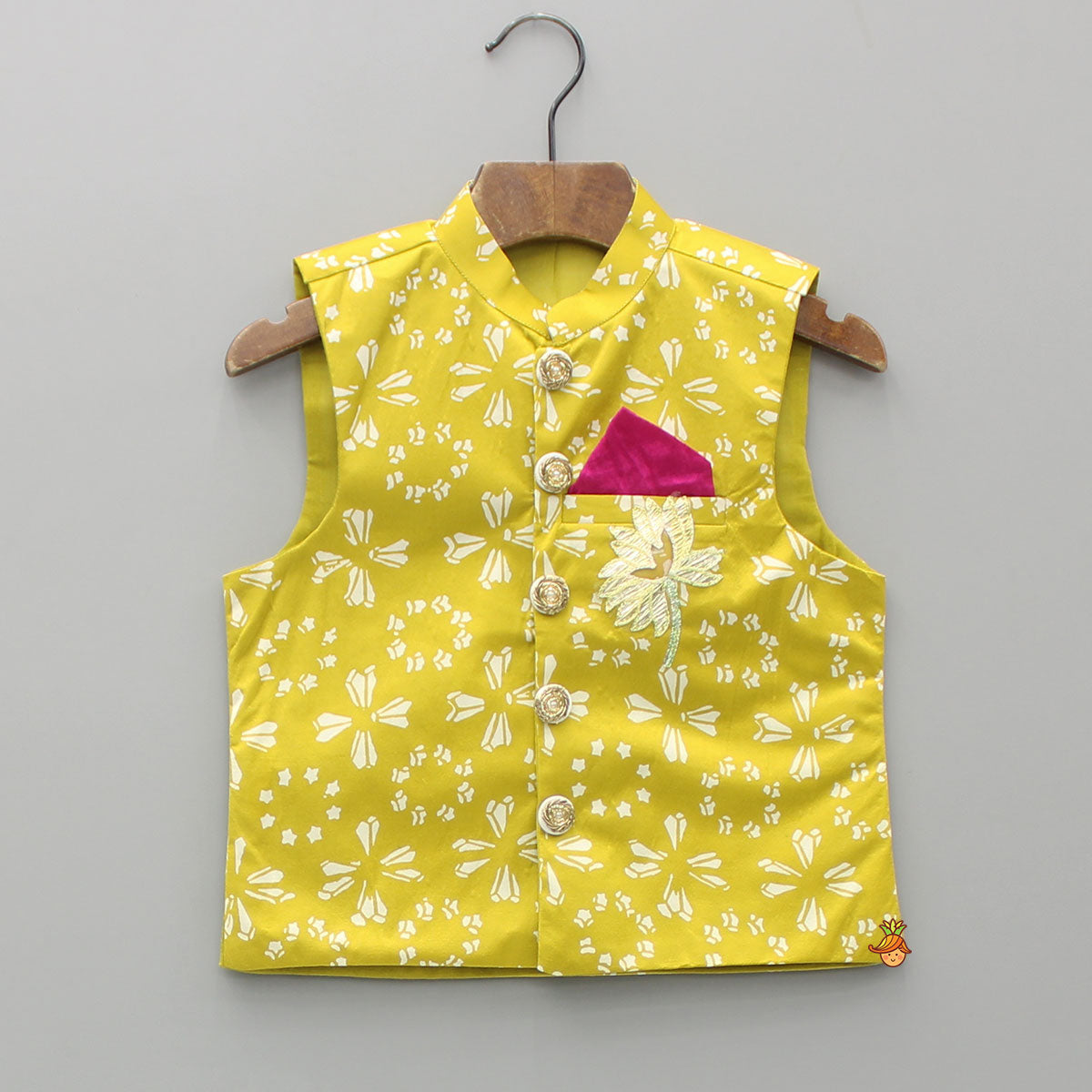 Mustard Printed Kurta With Jacket And Pyjama