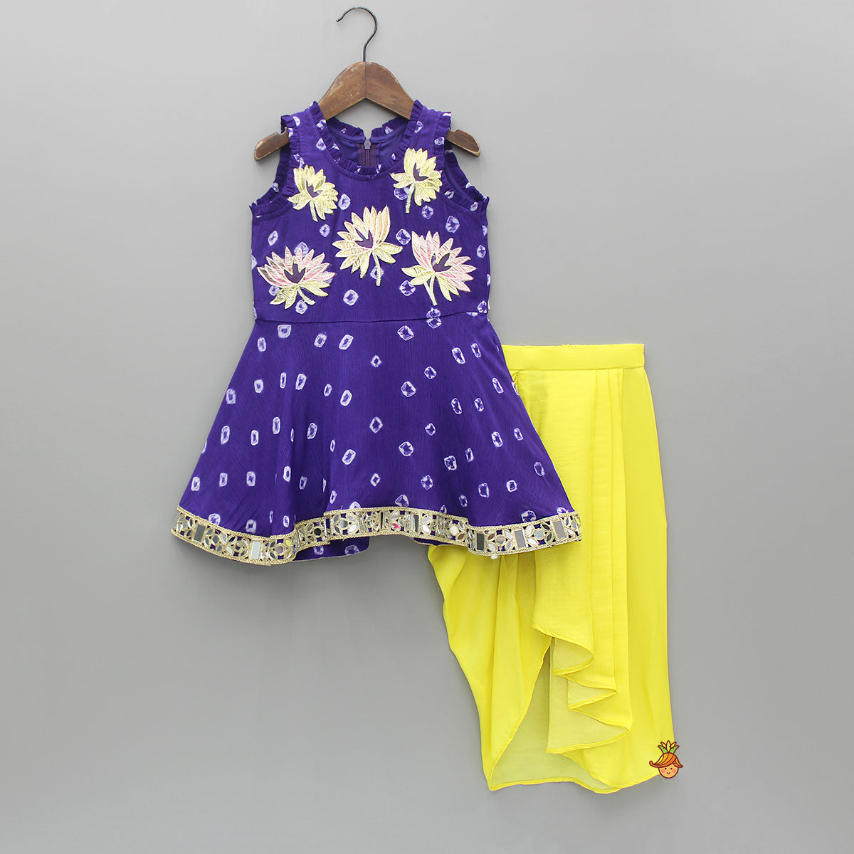 Printed Gota Flower Embroidred Flared Kurti With Dhoti Style Skirt