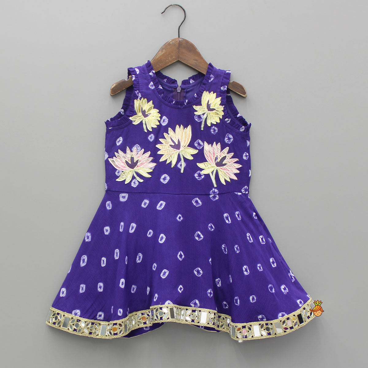 Printed Gota Flower Embroidred Flared Kurti With Dhoti Style Skirt