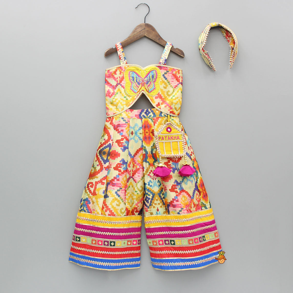 Printed Embroidered Multicoloured Strappy Jumpsuit With Hairband