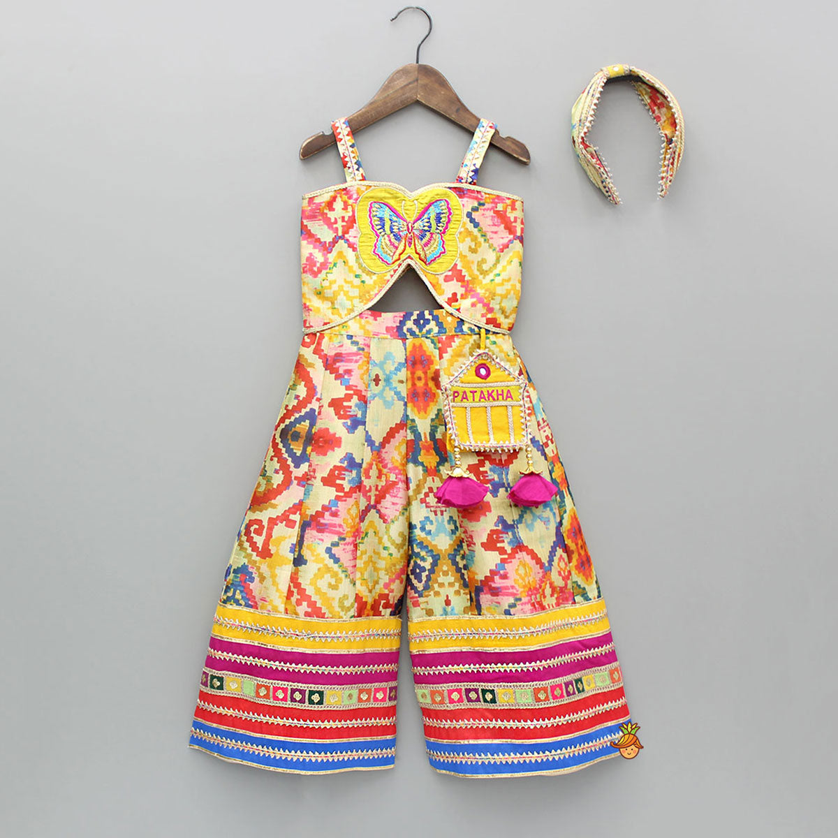 Printed Embroidered Multicoloured Strappy Jumpsuit With Hairband