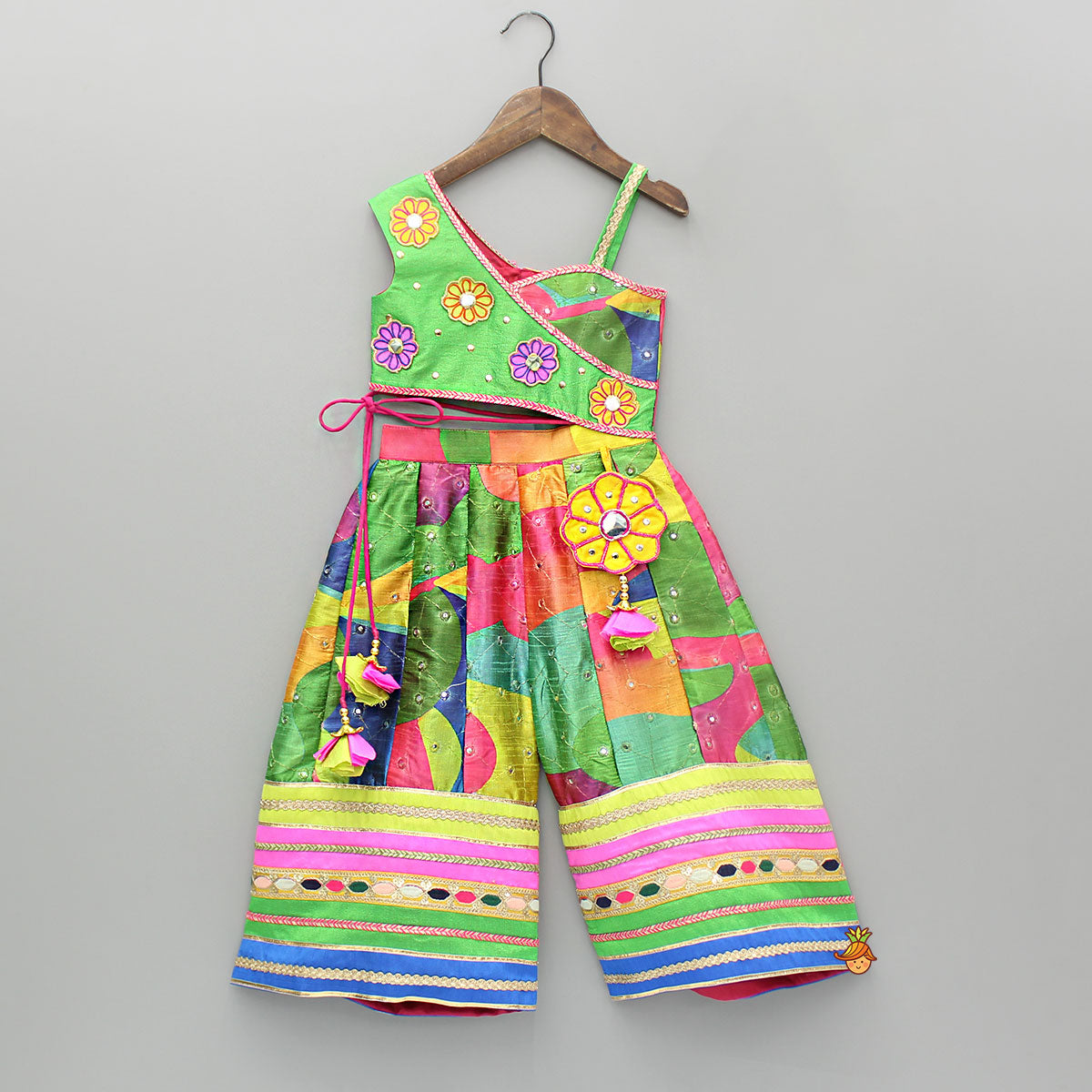 One Shoulder Printed Embroidered Multicoloured Jumpsuit With Hairband