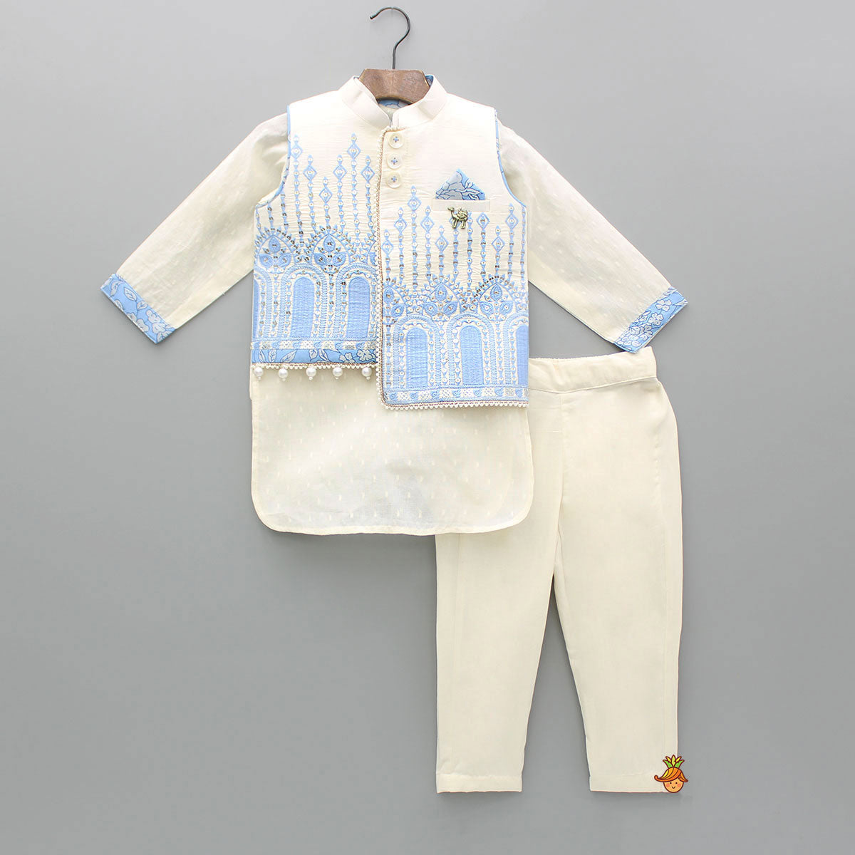 Off White Kurta With Embroidered Stylish Jacket And Pyjama