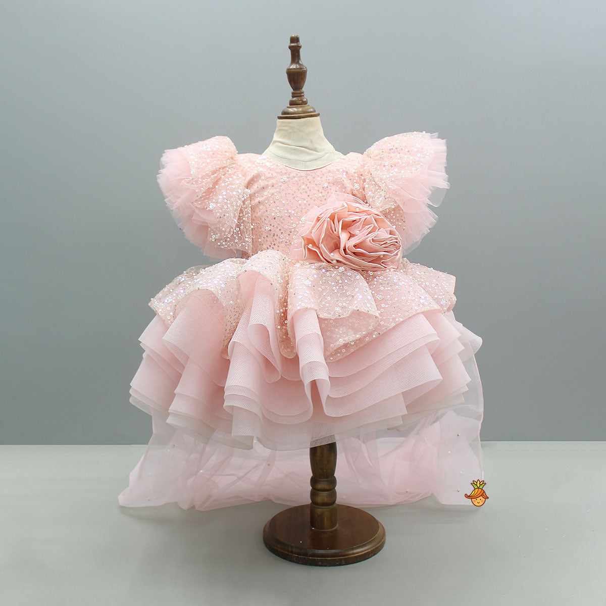 Peach Sequin Embellished Dress Featuring A Detachable Trail And Bow With Swirled Bow Headband