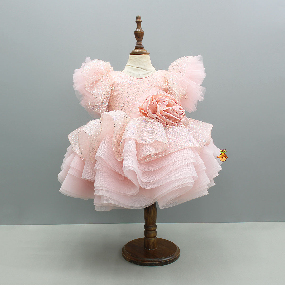 Peach Sequin Embellished Dress Featuring A Detachable Trail And Bow With Swirled Bow Headband