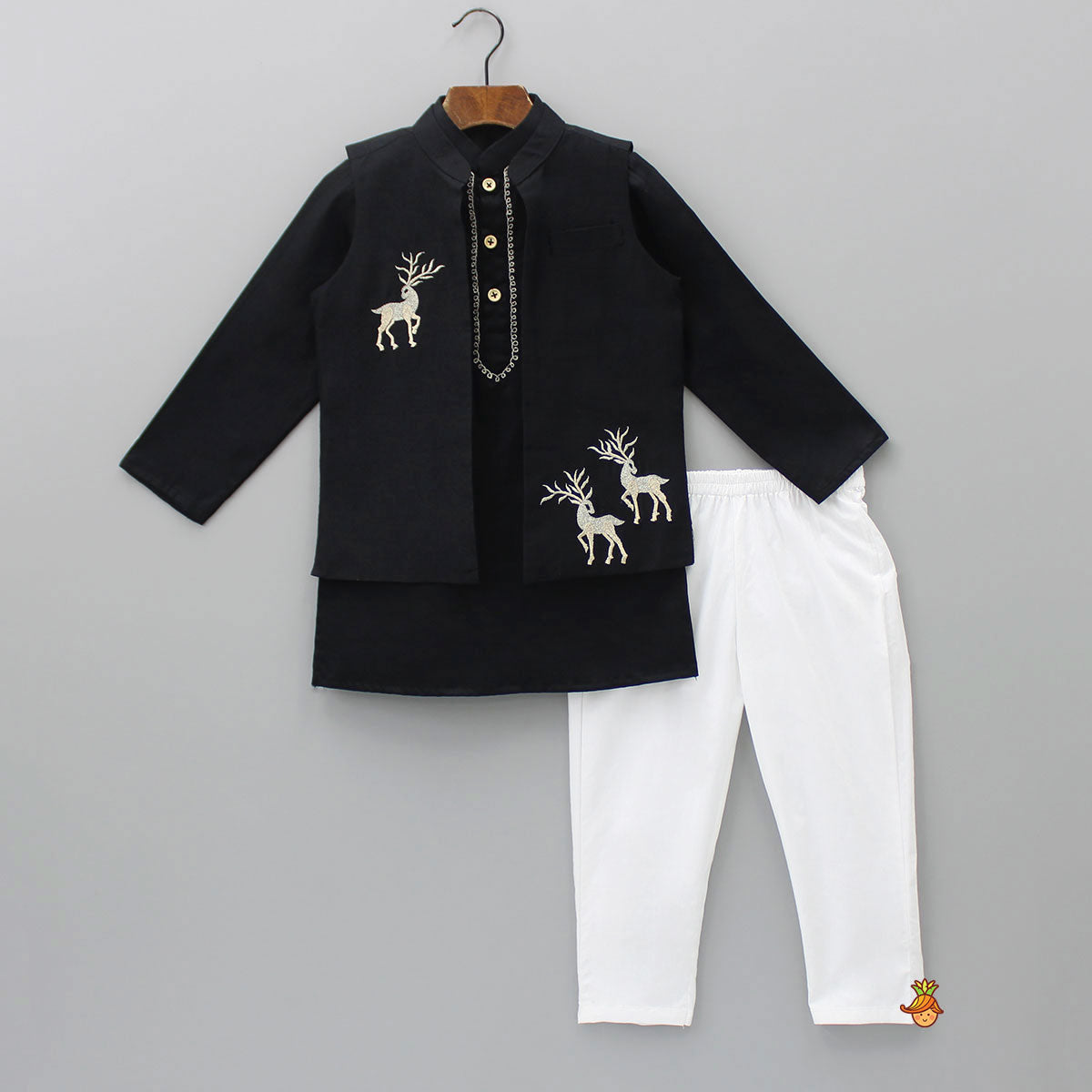 Black Embroidered Kurta With Jacket And Pyjama