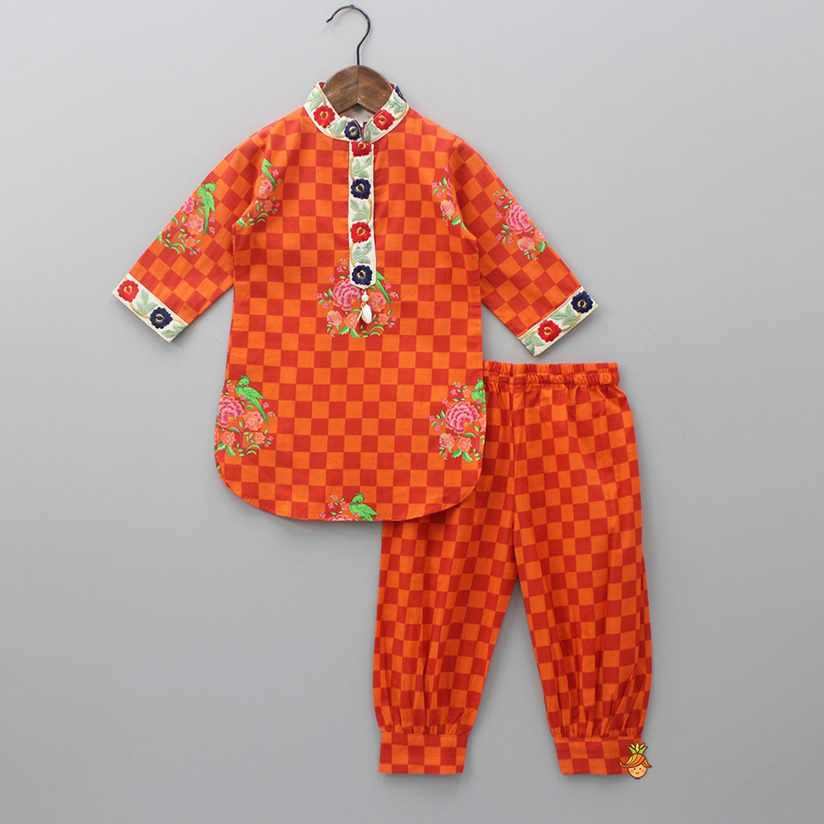 Orange Checks Printed Kurti With Matching Pant