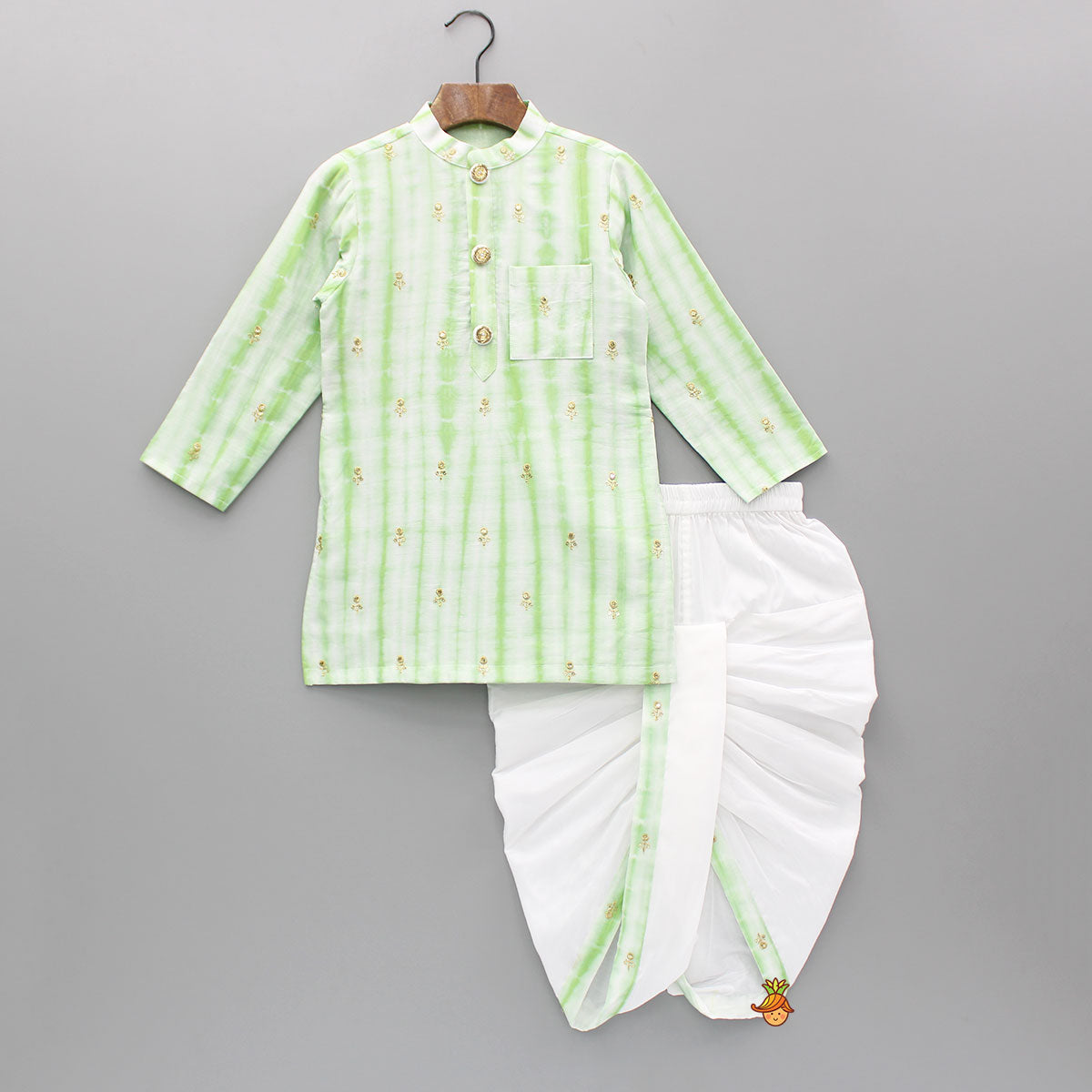 Green Printed Embroidered Kurta With Dhoti