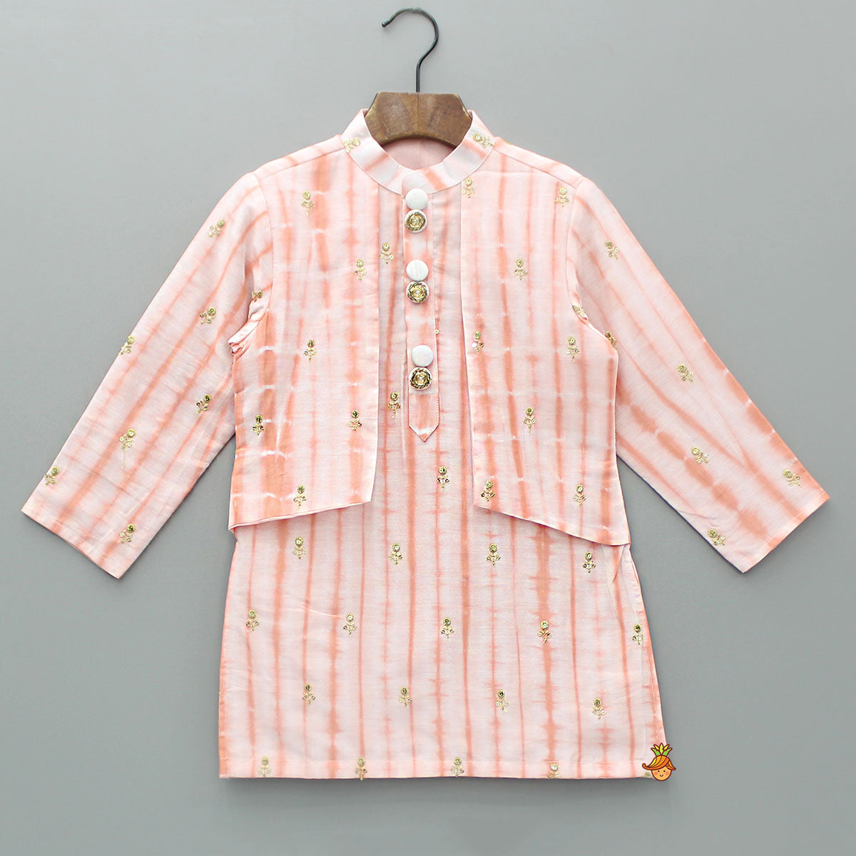 Printed Embroidered Kurta With Front Open Flap Attached Jacket And Pyjama