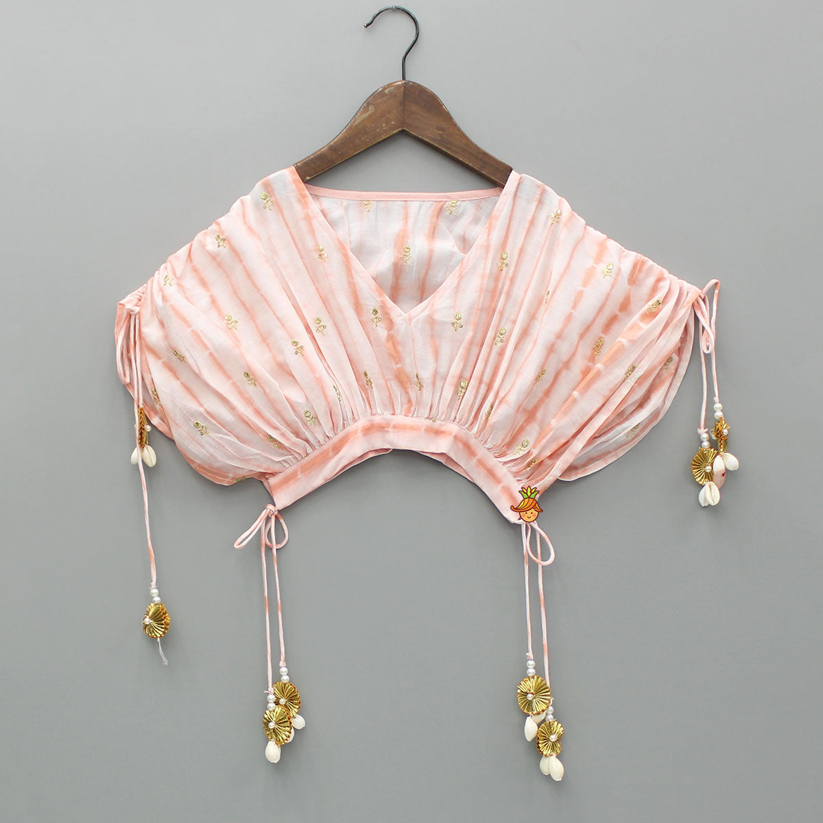 Peach Printed Embroidered Stylish Cape With Strappy Crop Top And Lehenga