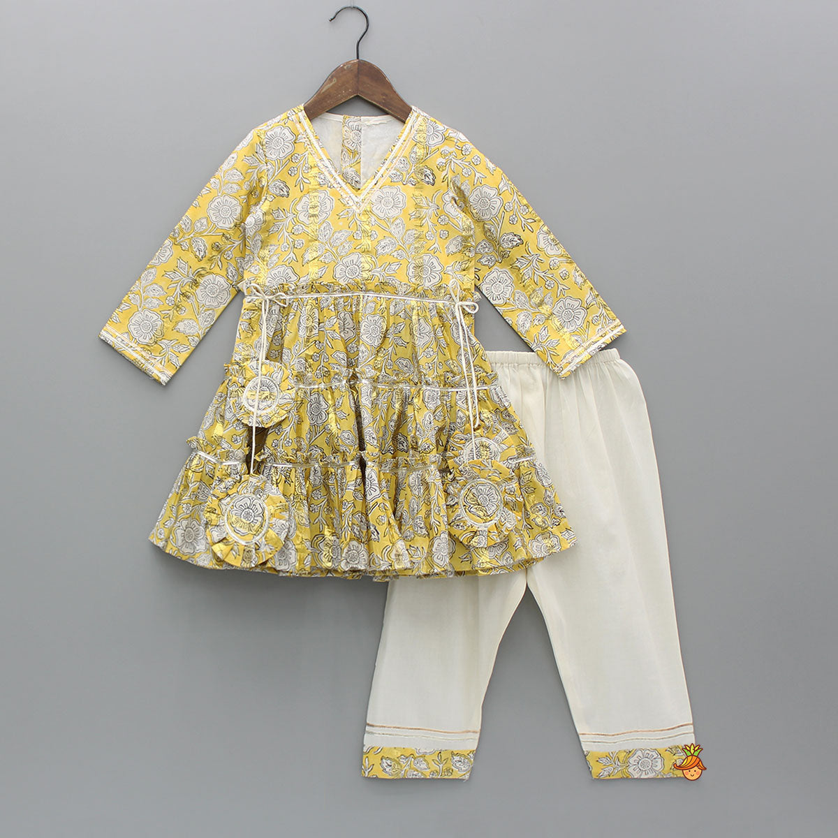 Printed Yellow Tiered Kurti And Pant