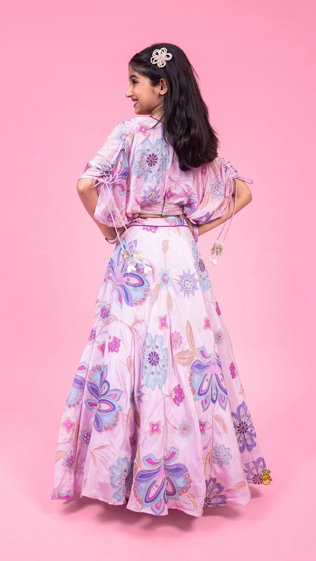 Lavender Floral Printed Embroidered Top With Flared Lehenga And Dupatta