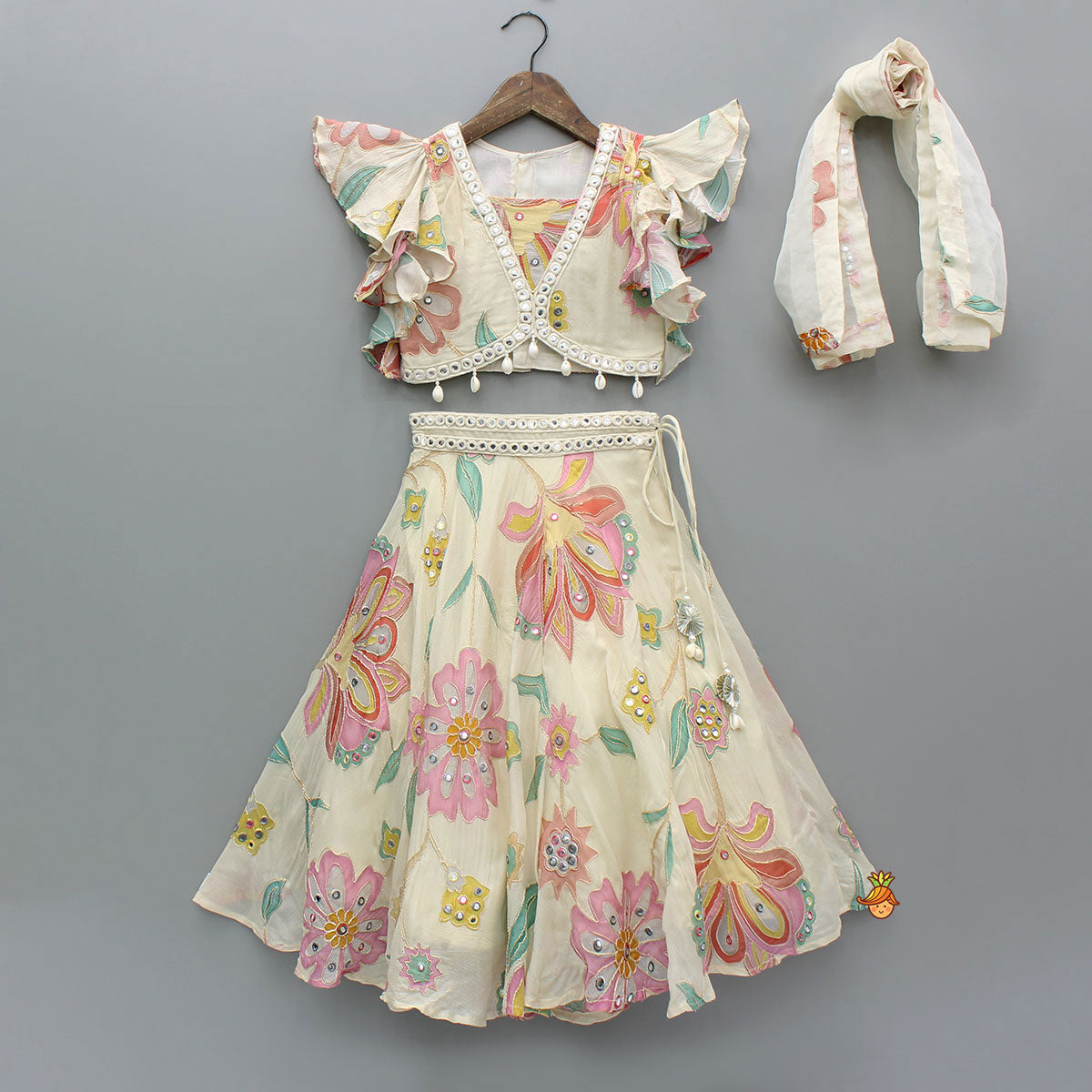 Multicolour Floral Printed And Embroidered Ivory Top With Matching Lehenga And Dupatta