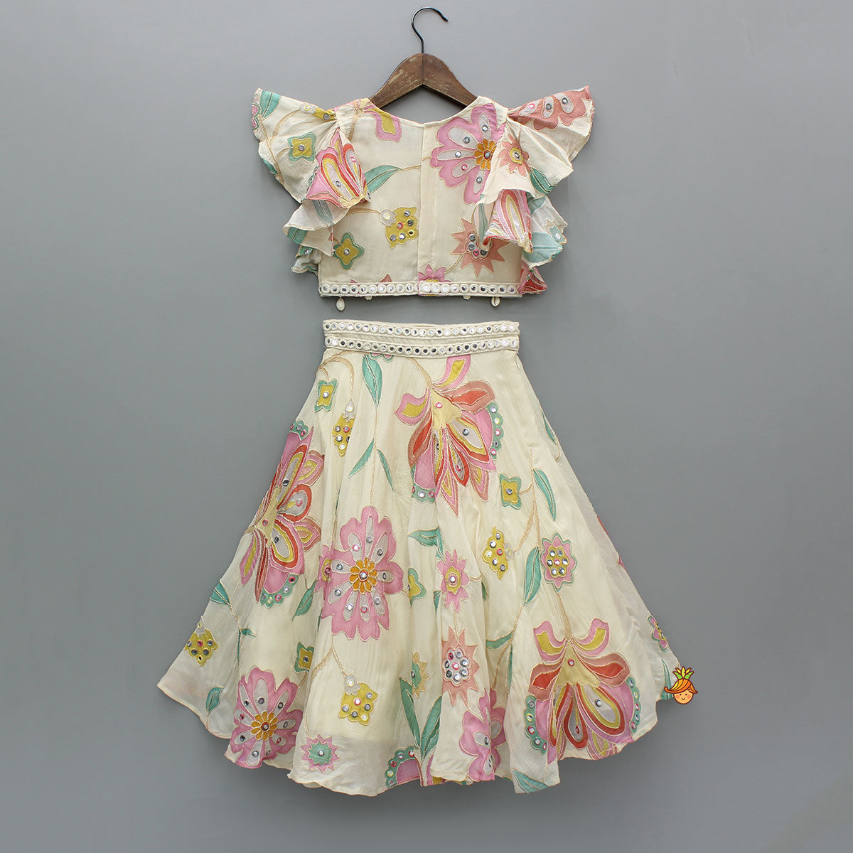 Multicolour Floral Printed And Embroidered Ivory Top With Matching Lehenga And Dupatta