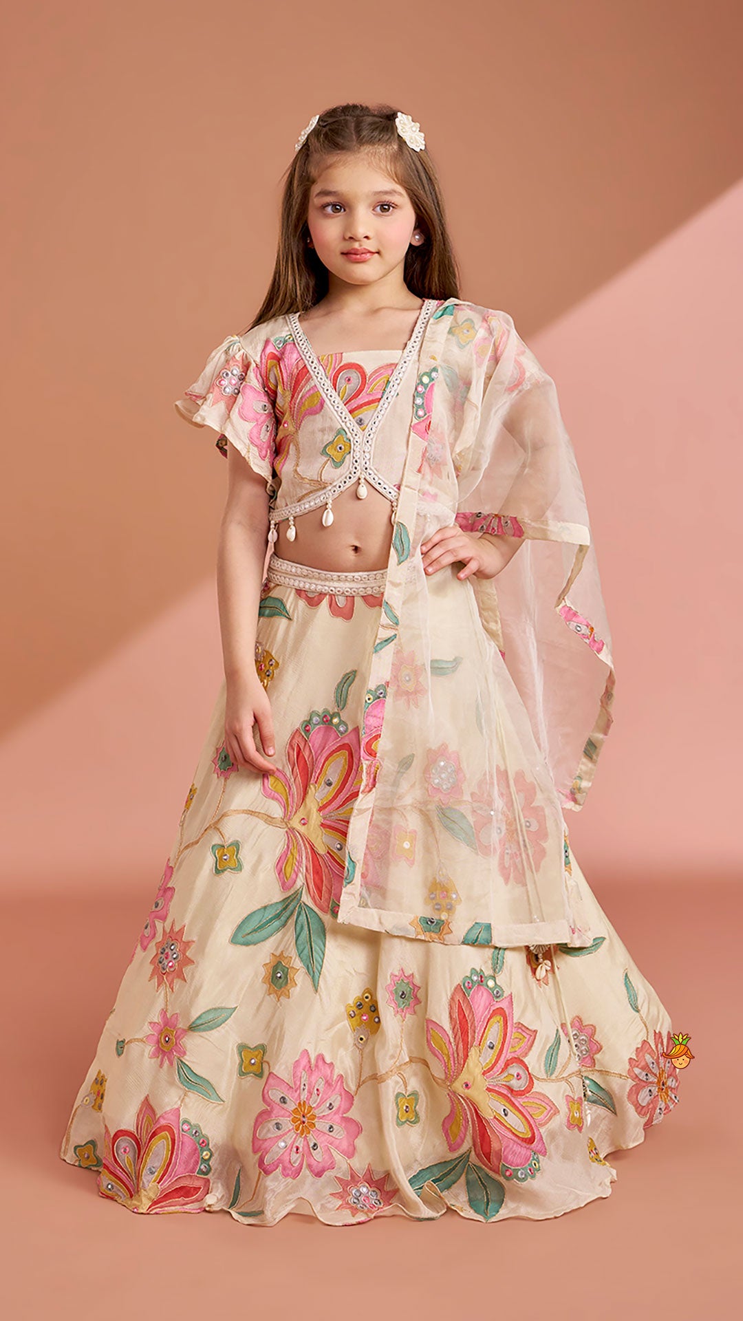 Multicolour Floral Printed And Embroidered Ivory Top With Matching Lehenga And Dupatta