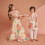 Multicolour Floral Printed And Embroidered Ivory Top With Matching Lehenga And Dupatta twinning model image 2