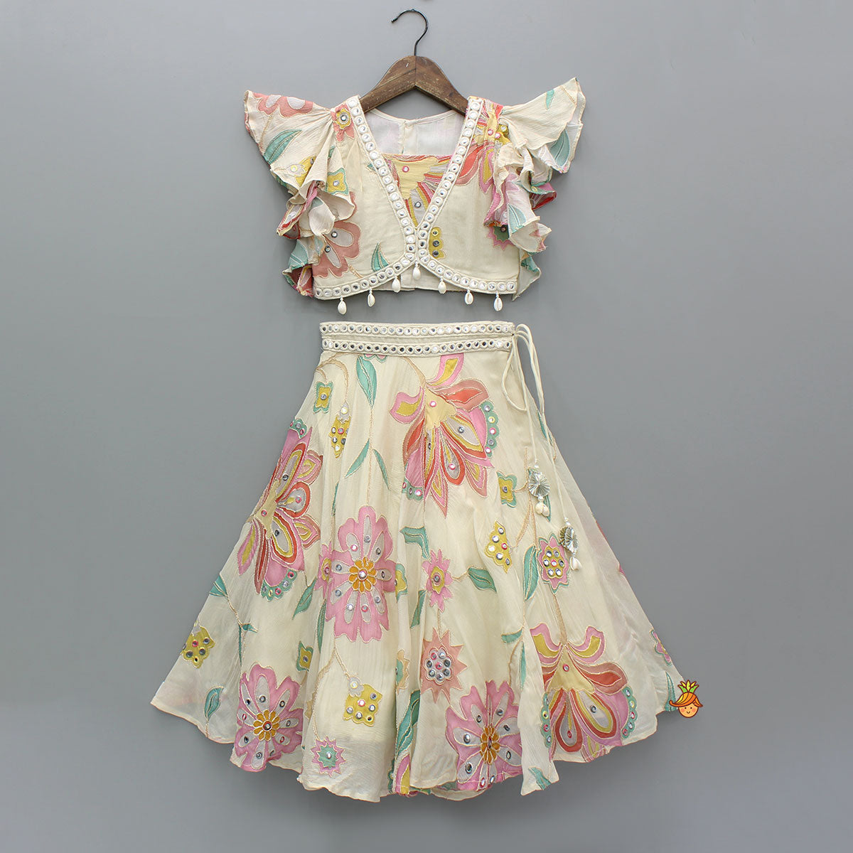 Multicolour Floral Printed And Embroidered Ivory Top With Matching Lehenga And Dupatta