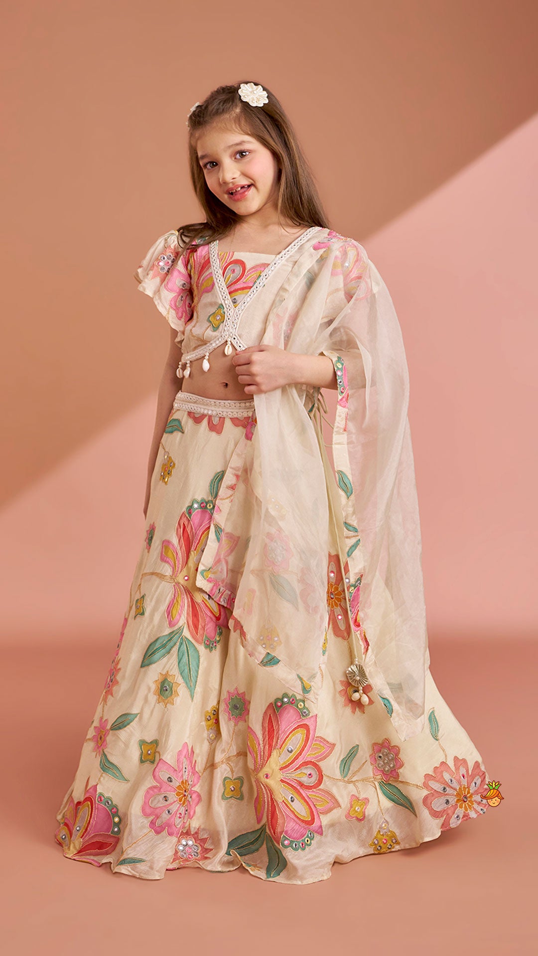 Multicolour Floral Printed And Embroidered Ivory Top With Matching Lehenga And Dupatta