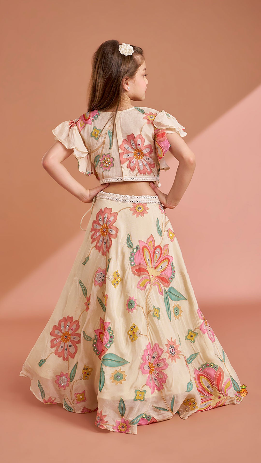 Multicolour Floral Printed And Embroidered Ivory Top With Matching Lehenga And Dupatta