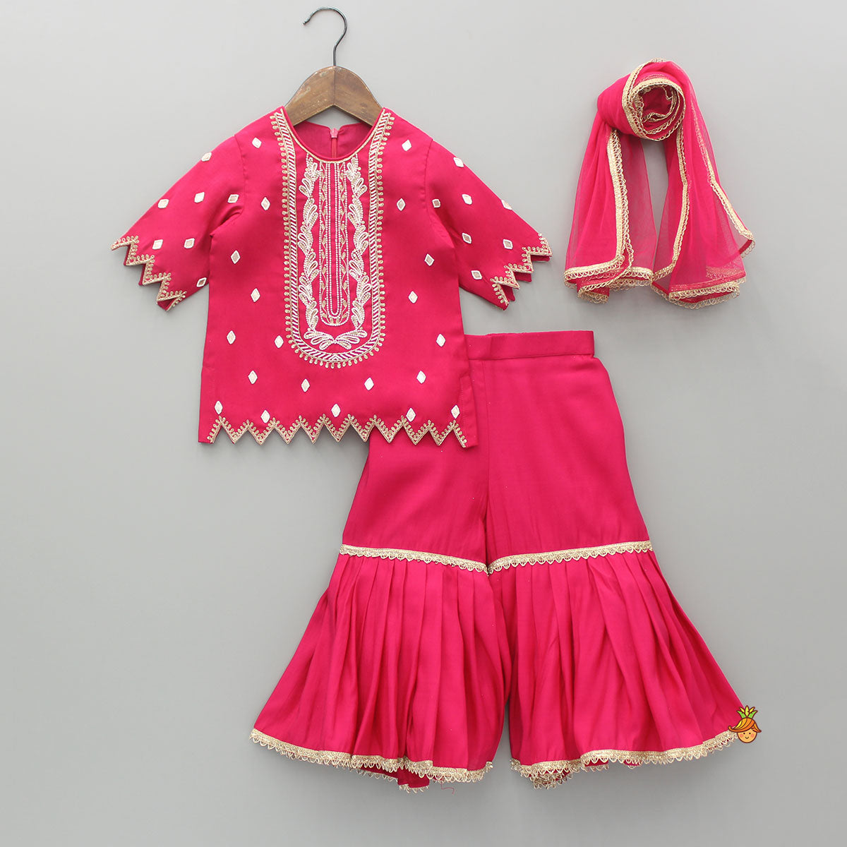 Embroidered Pink Kurti With Sharara And Dupatta