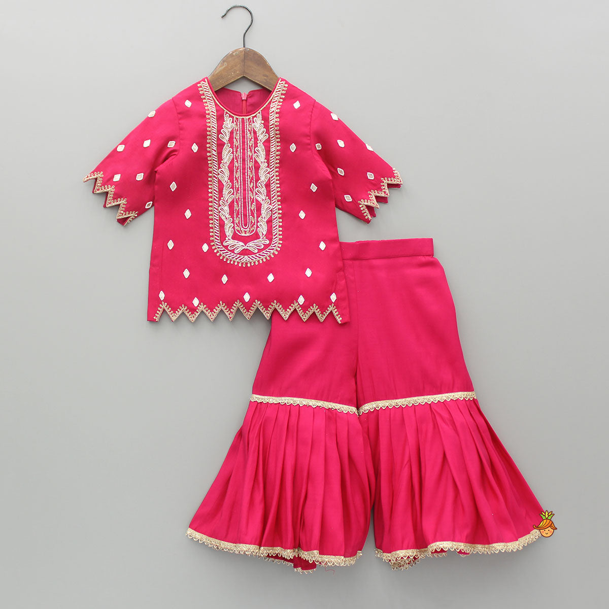 Embroidered Pink Kurti With Sharara And Dupatta