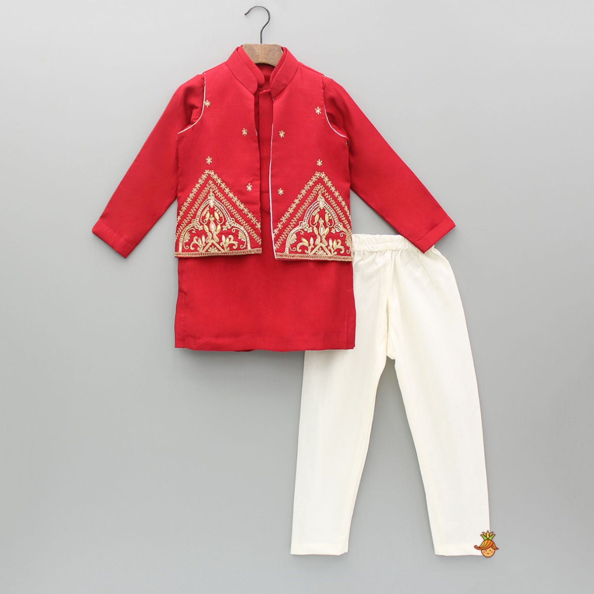 Red Kurta With Front Open Embroidered Jacket And Churidar