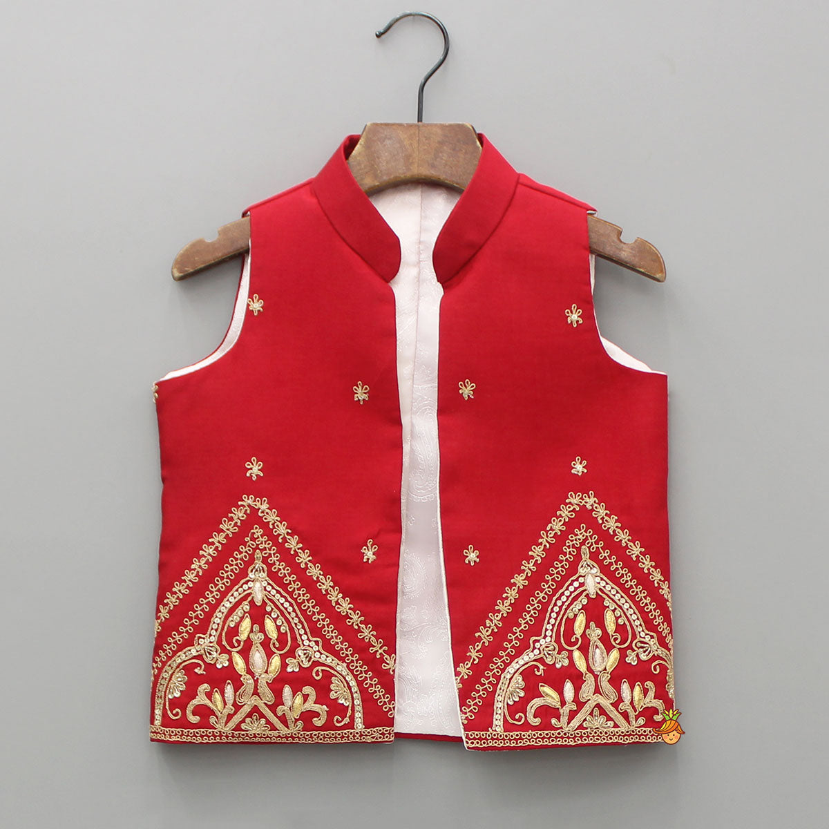 Red Kurta With Front Open Embroidered Jacket And Churidar