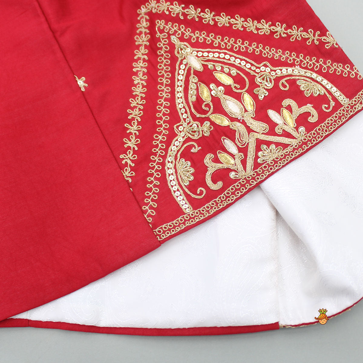 Red Kurta With Front Open Embroidered Jacket And Churidar