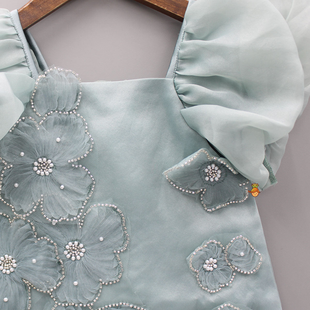 Artificial Flowers Embellished Teal Dress