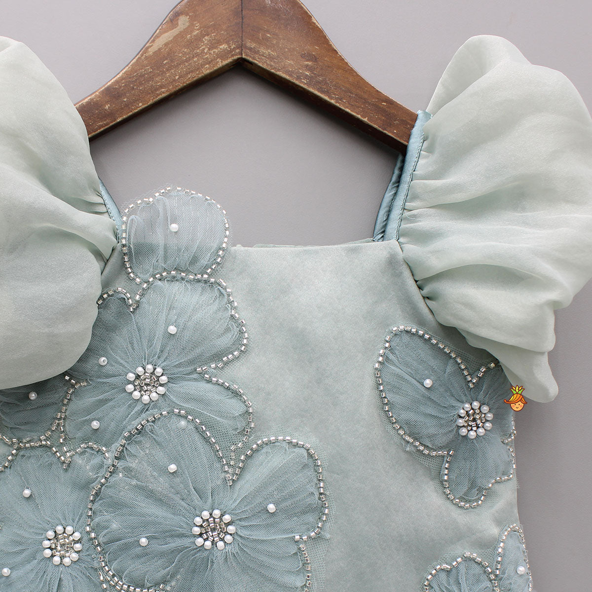 Artificial Flowers Embellished Teal Shimmer Dress
