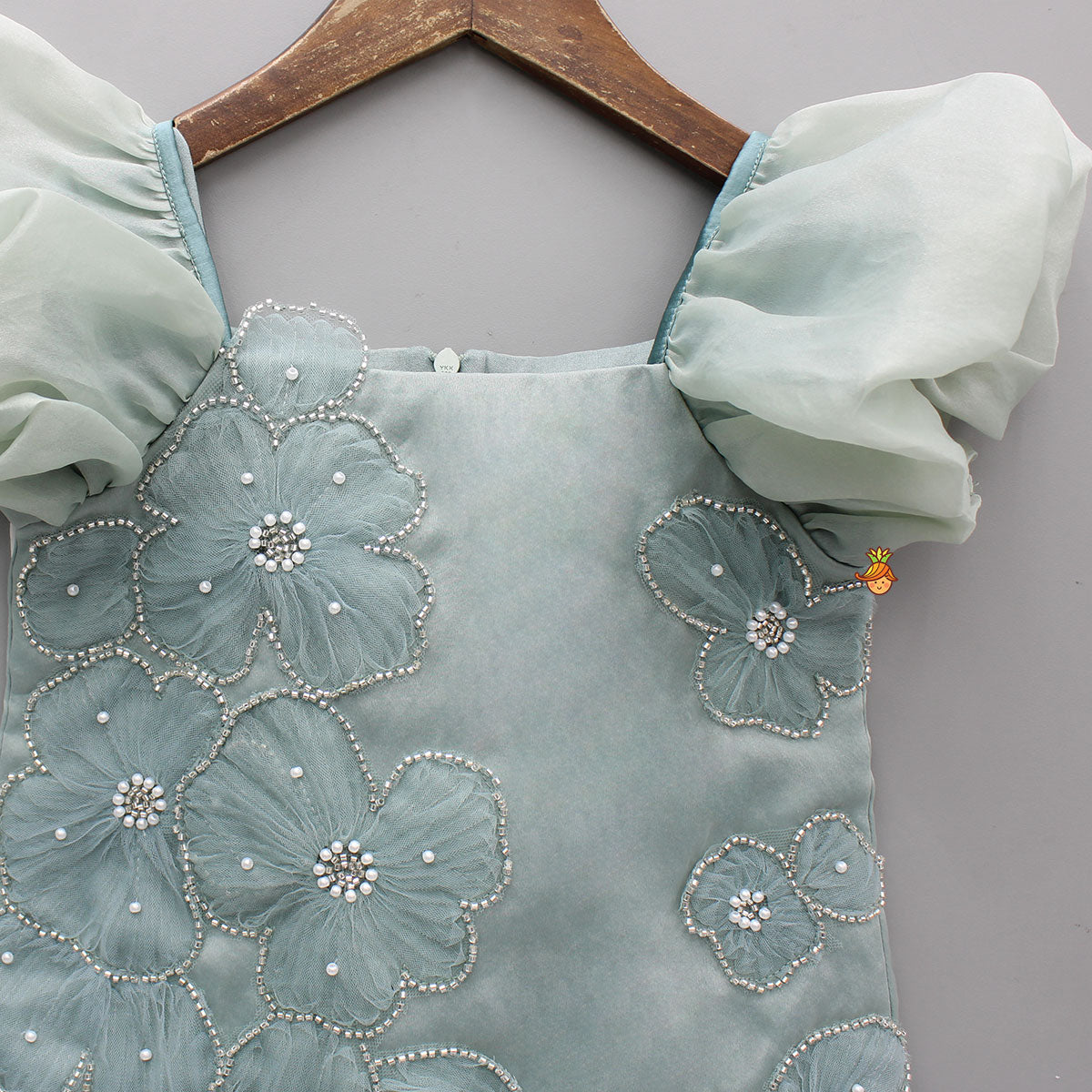 Artificial Flowers Embellished Teal Shimmer Dress