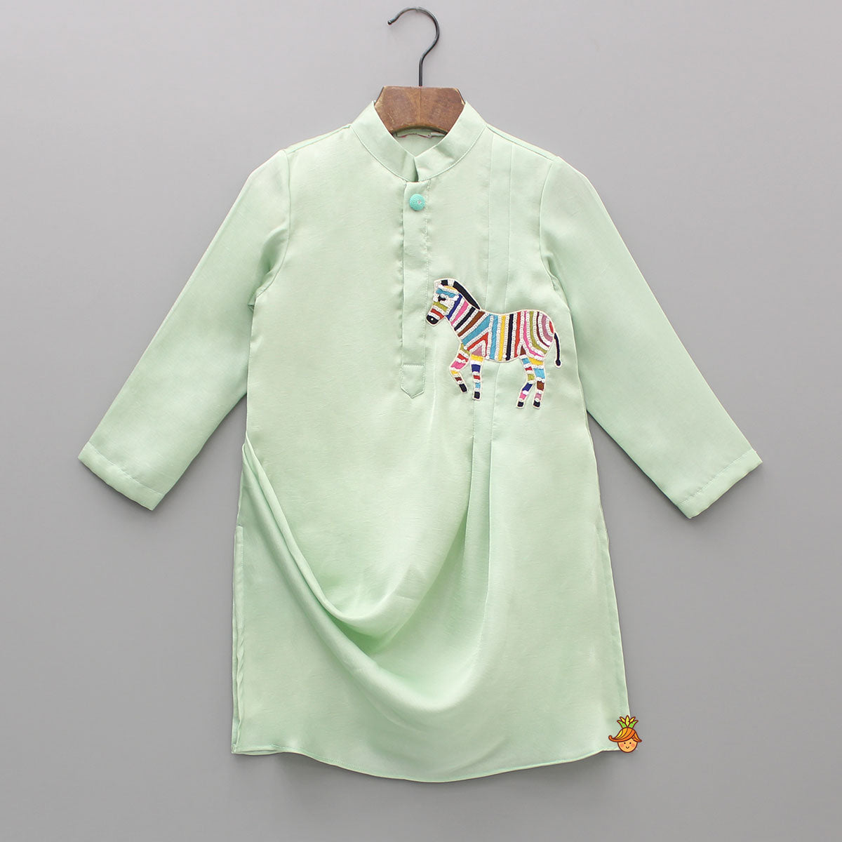 Green Elegant Draped Kurta With Animal Embroidered Applique And Salwar