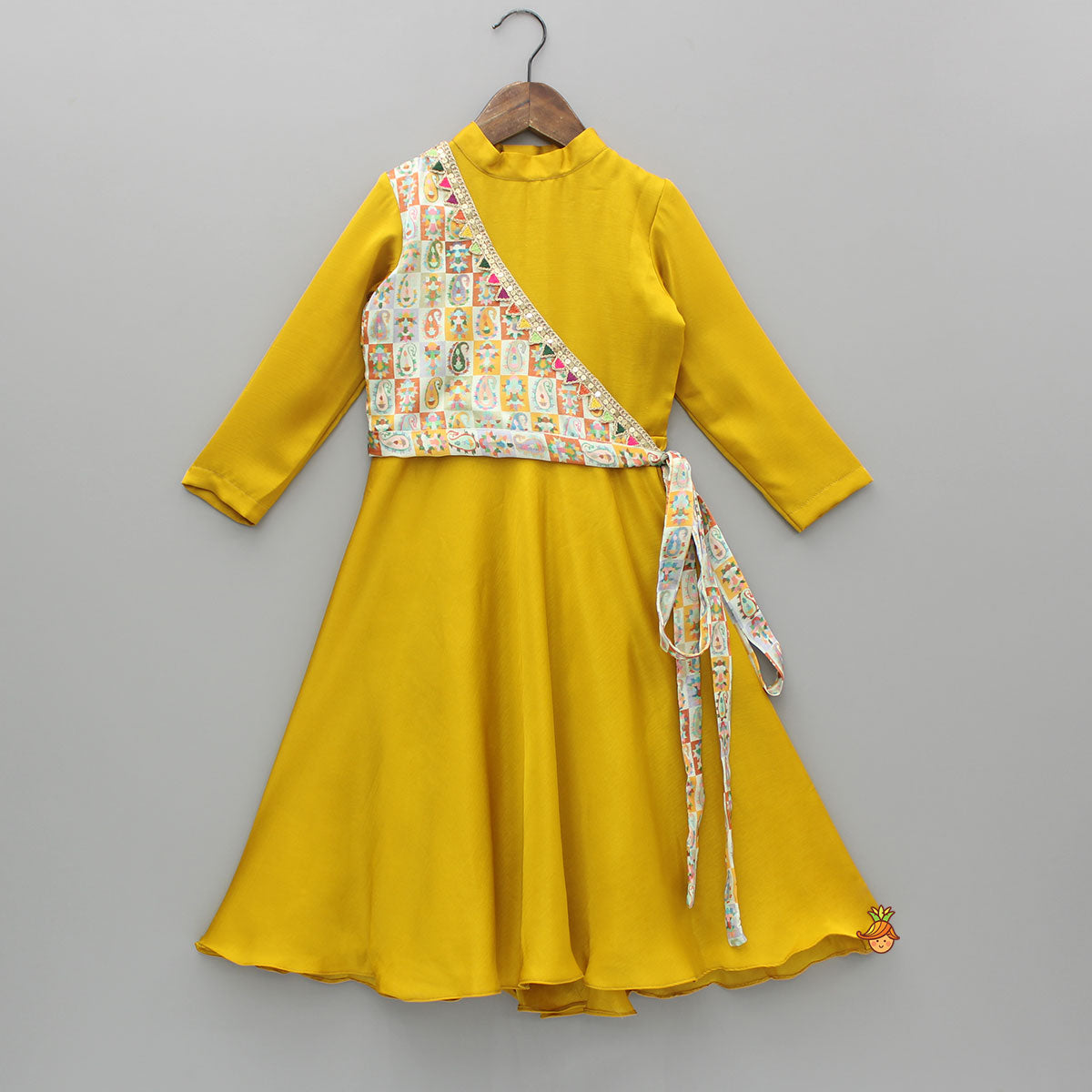 Mustard Flared Kurti With Multicolour Printed One Shoulder Attached Jacket