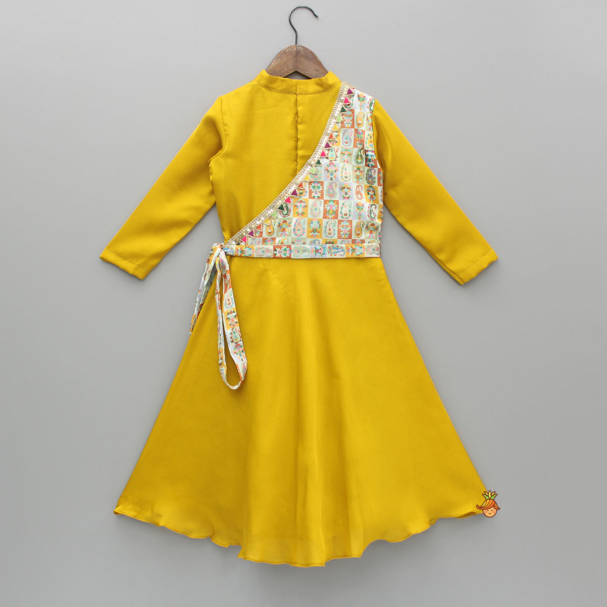 Mustard Flared Kurti With Multicolour Printed One Shoulder Attached Jacket