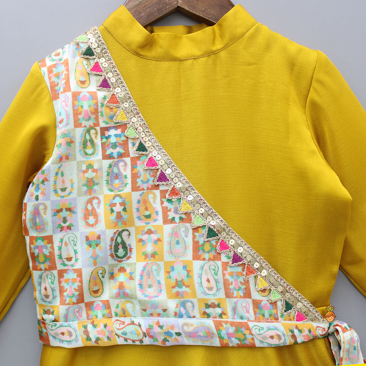 Mustard Flared Kurti With Multicolour Printed One Shoulder Attached Jacket