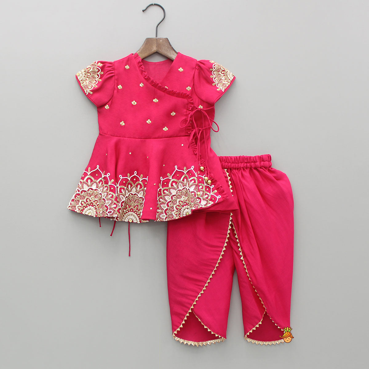 Pink Embroidered Angarkha Style Kurti And Tulip Dhoti