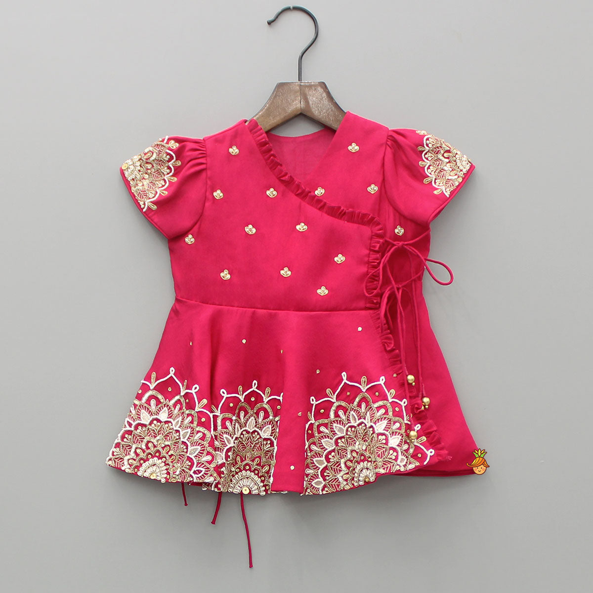 Pink Embroidered Angarkha Style Kurti And Tulip Dhoti