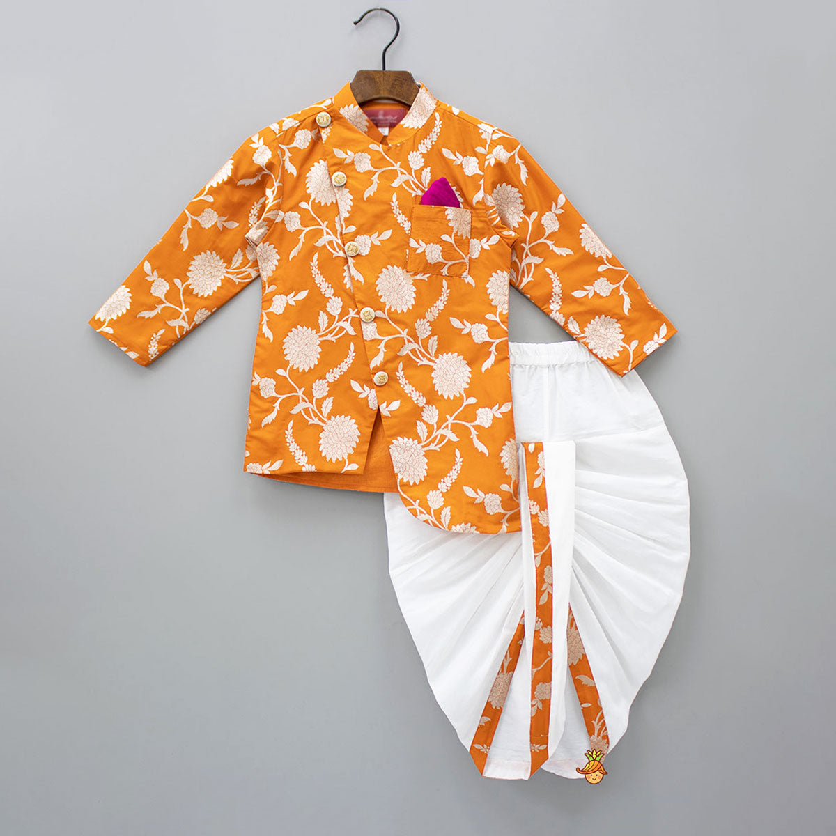 Orange Floral Brocade Asymmetric Kurta With Dhoti