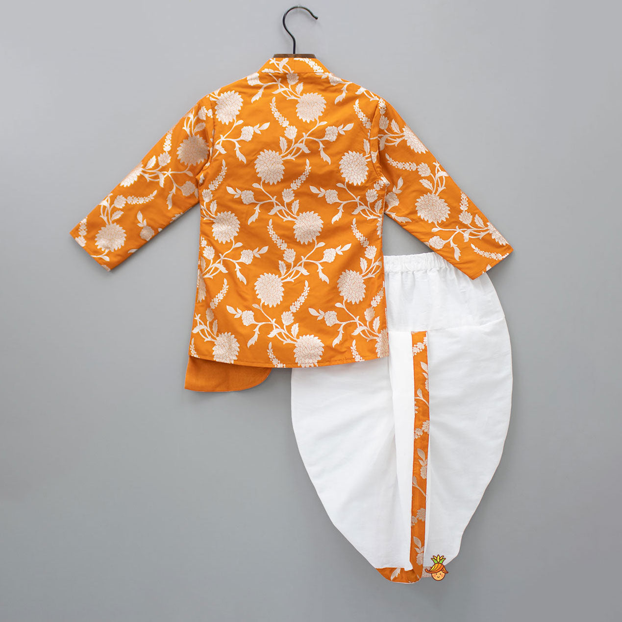 Orange Floral Brocade Asymmetric Kurta With Dhoti