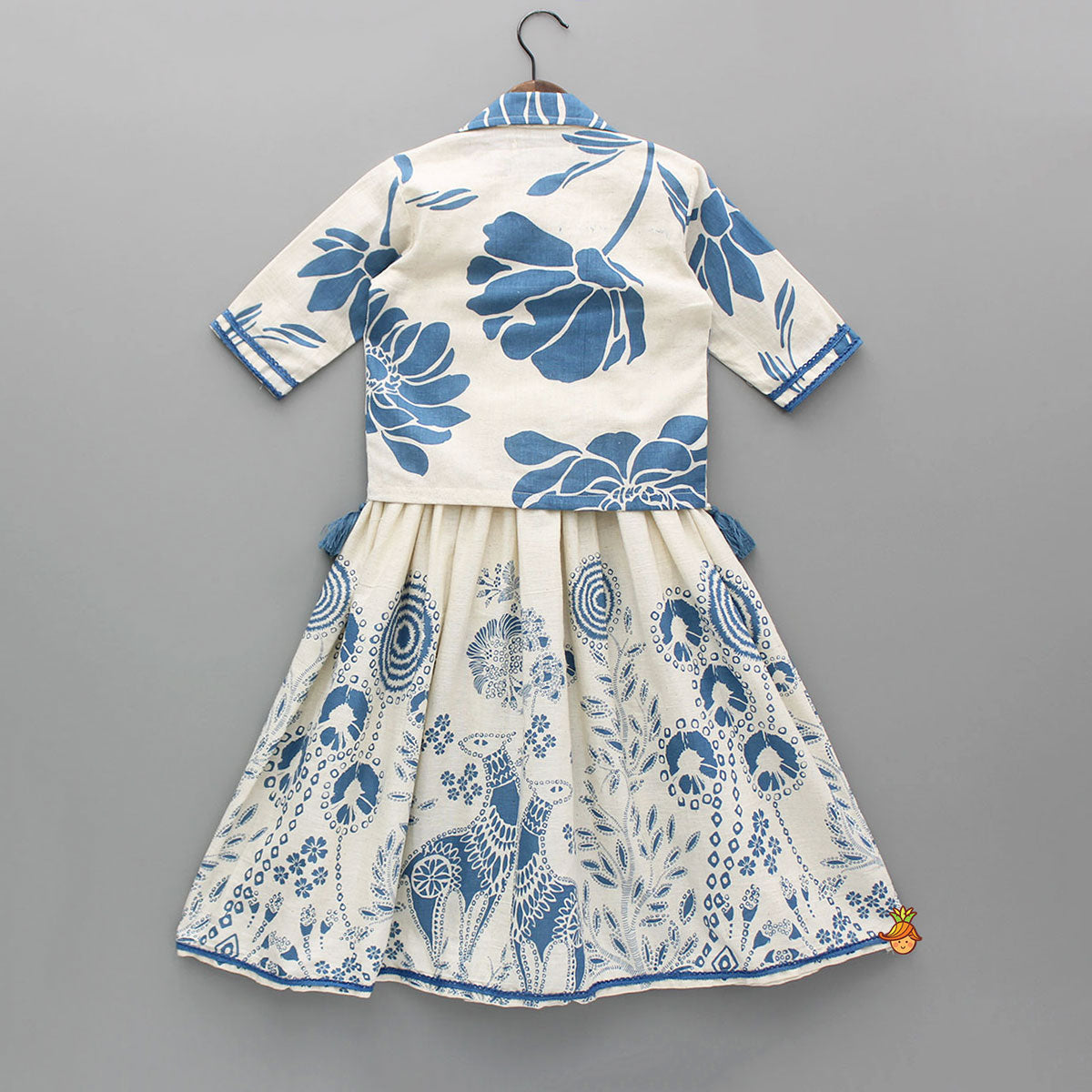 Blue Printed Flared Kurti And Front Open Collar Jacket
