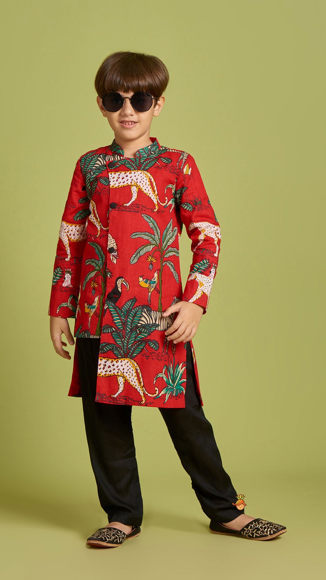 Crimson Red Jungle Theme Printed Asymmetric Kurta And Black Pyjama