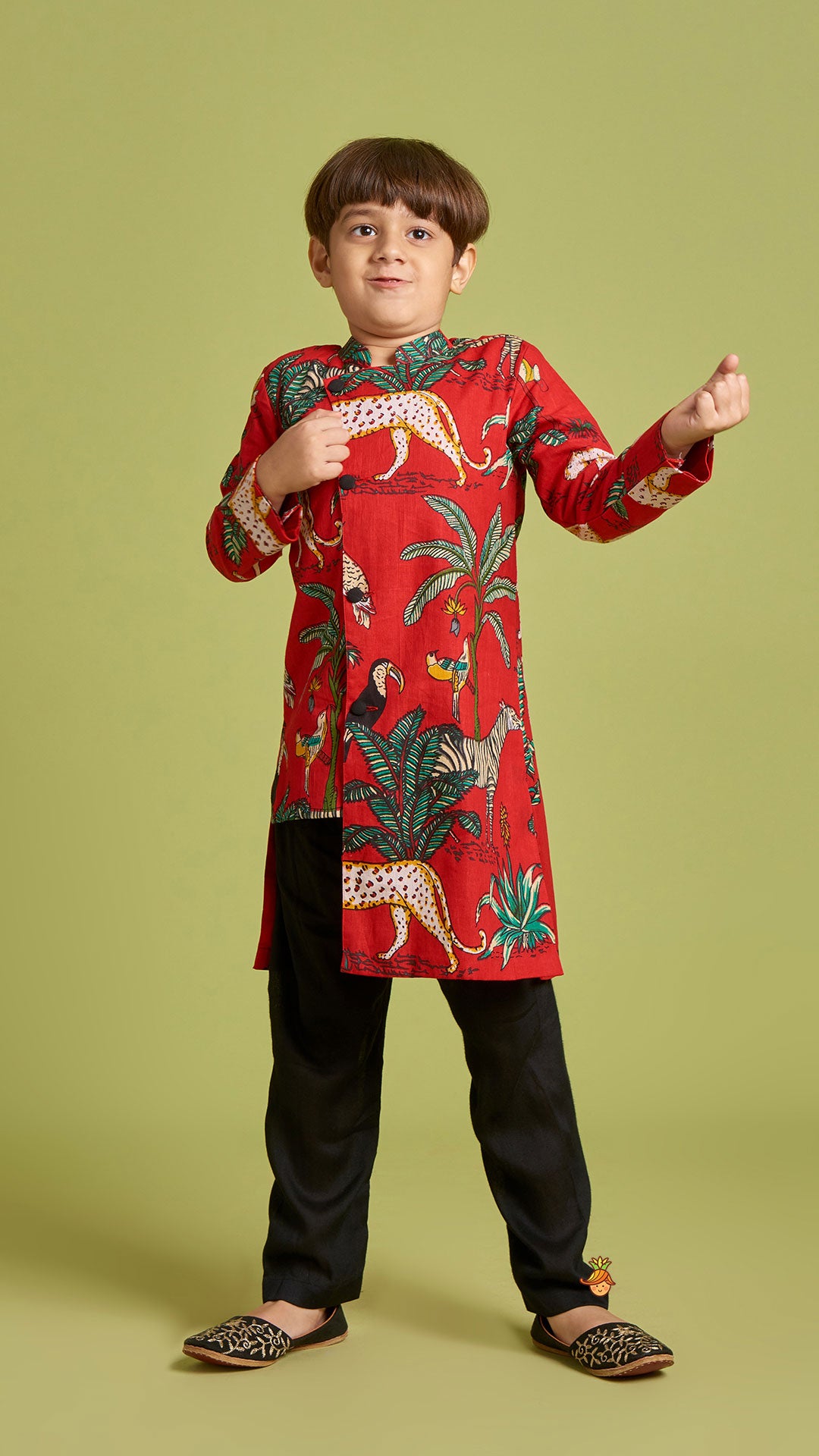 Crimson Red Jungle Theme Printed Asymmetric Kurta And Black Pyjama