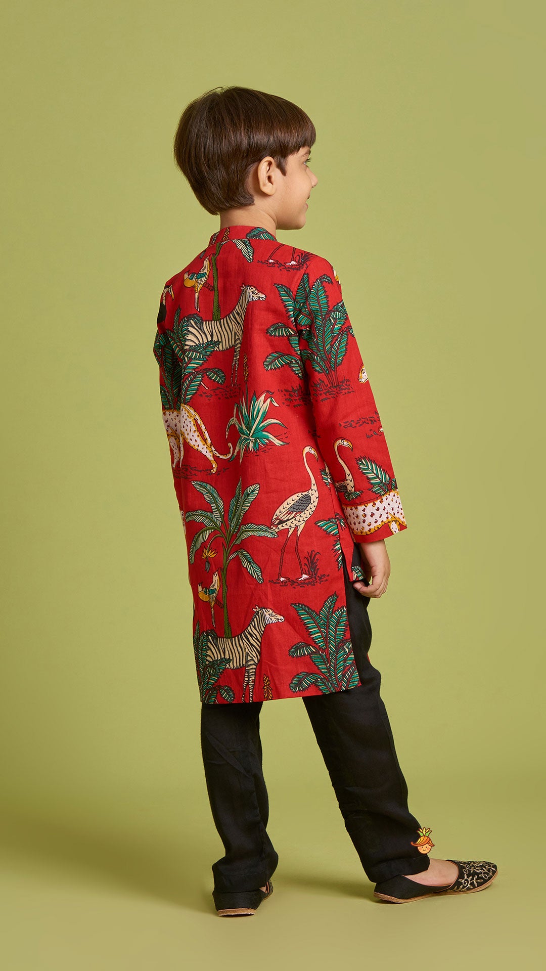 Crimson Red Jungle Theme Printed Asymmetric Kurta And Black Pyjama