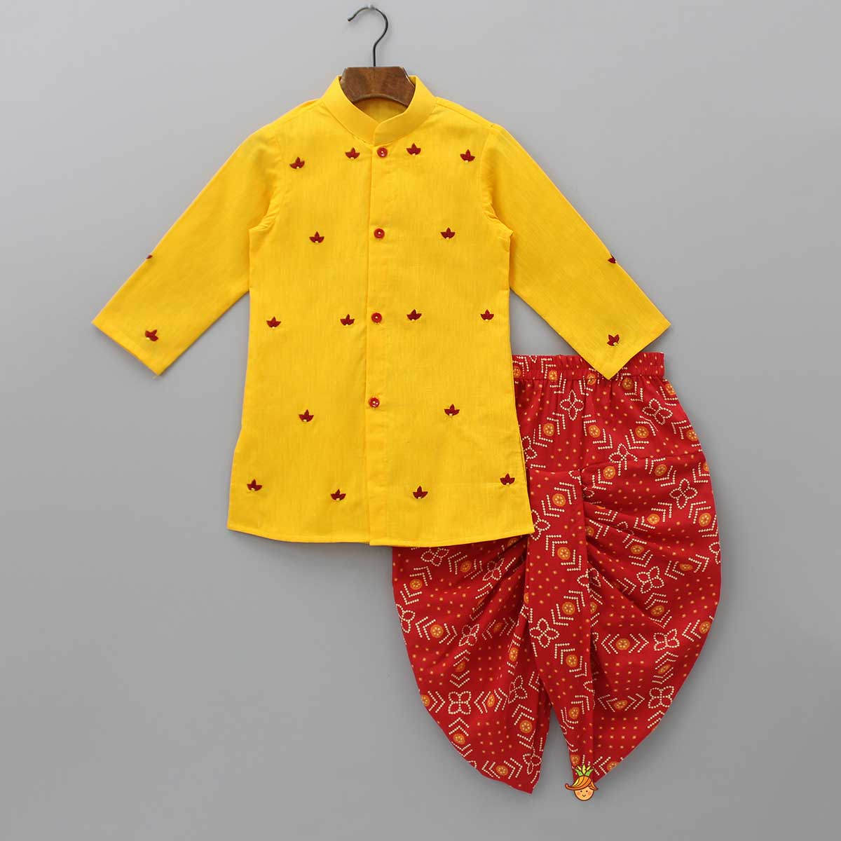 Thread Embroidered Yellow Kurta With Bandhani Printed Red Dhoti