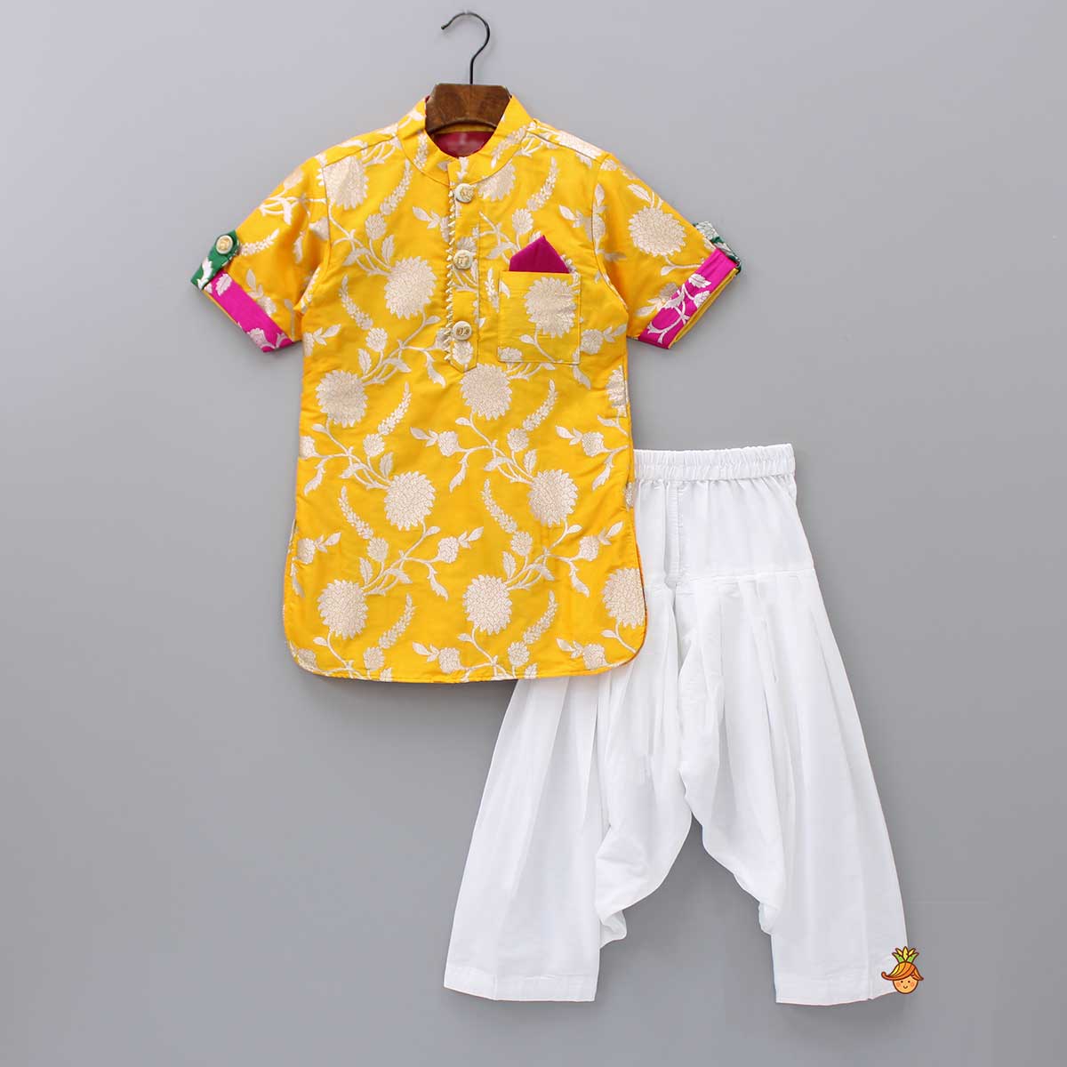 Upturned Sleeves Yellow Floral Brocade Kurta With Patiala